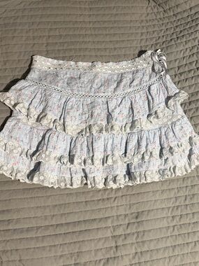 Love Shack Fancy Light Blue Floral Ruffled Mini Skirt